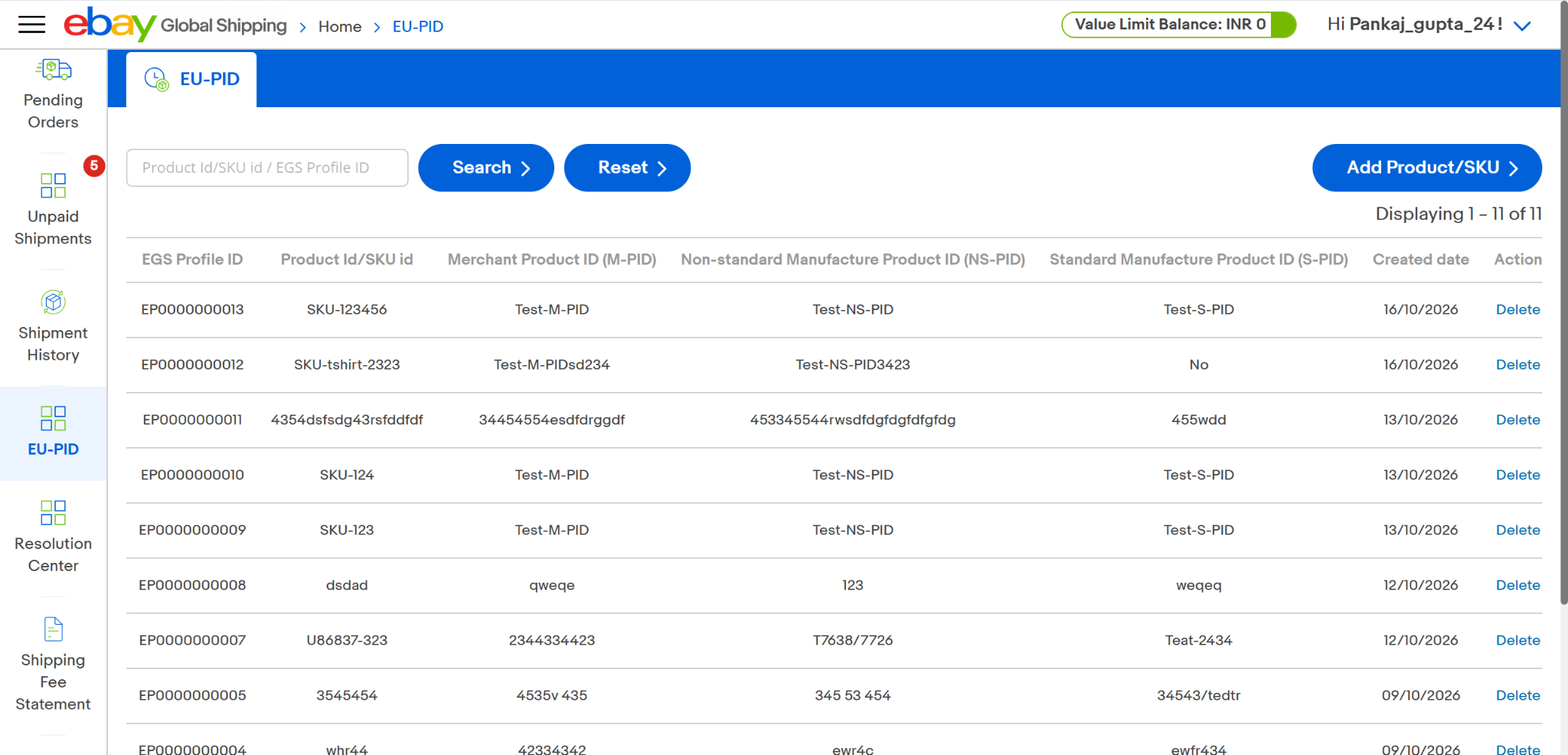 EU-PID profile list page on EGS