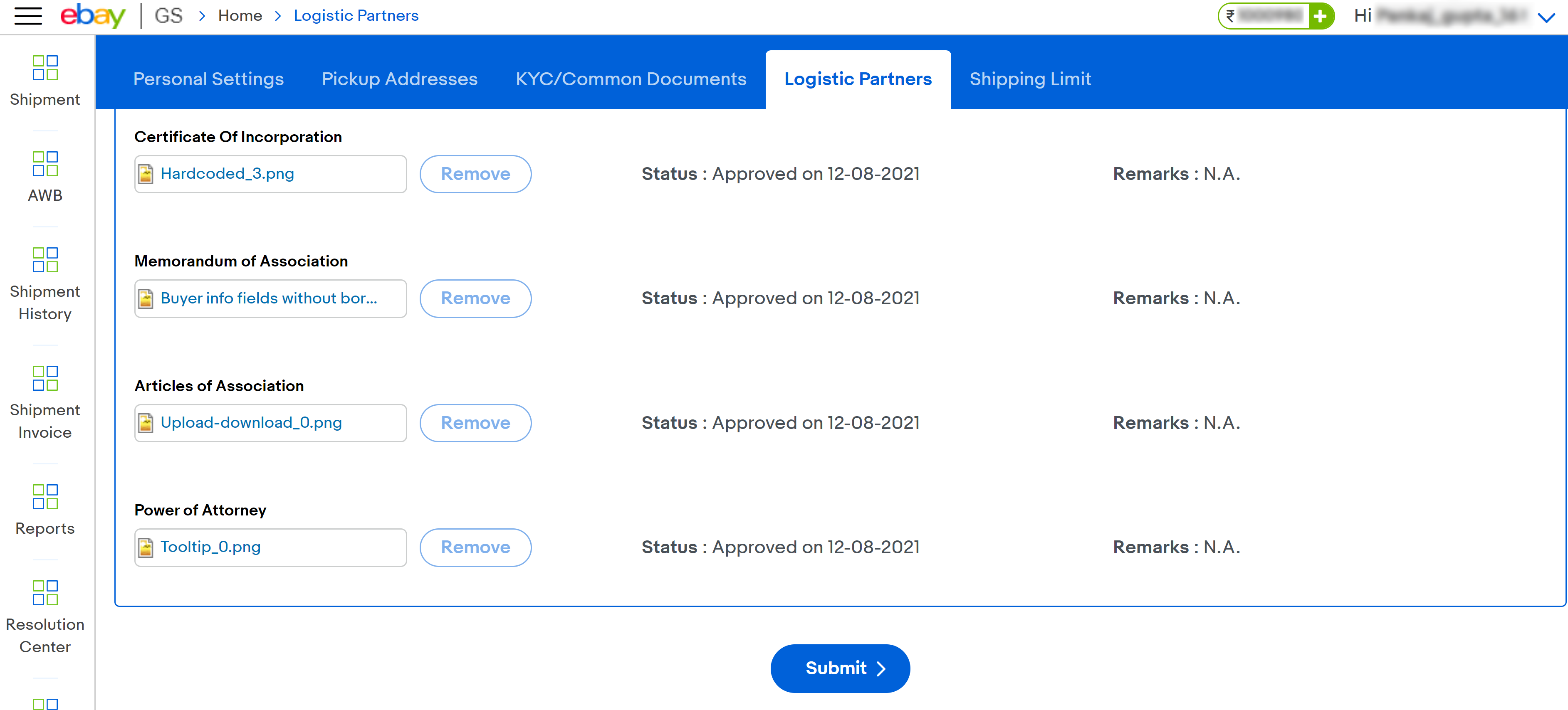 erification completed by Logistic Partner & Account created