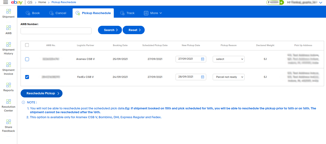 pickup reschedule process flow eBay Global Shipping