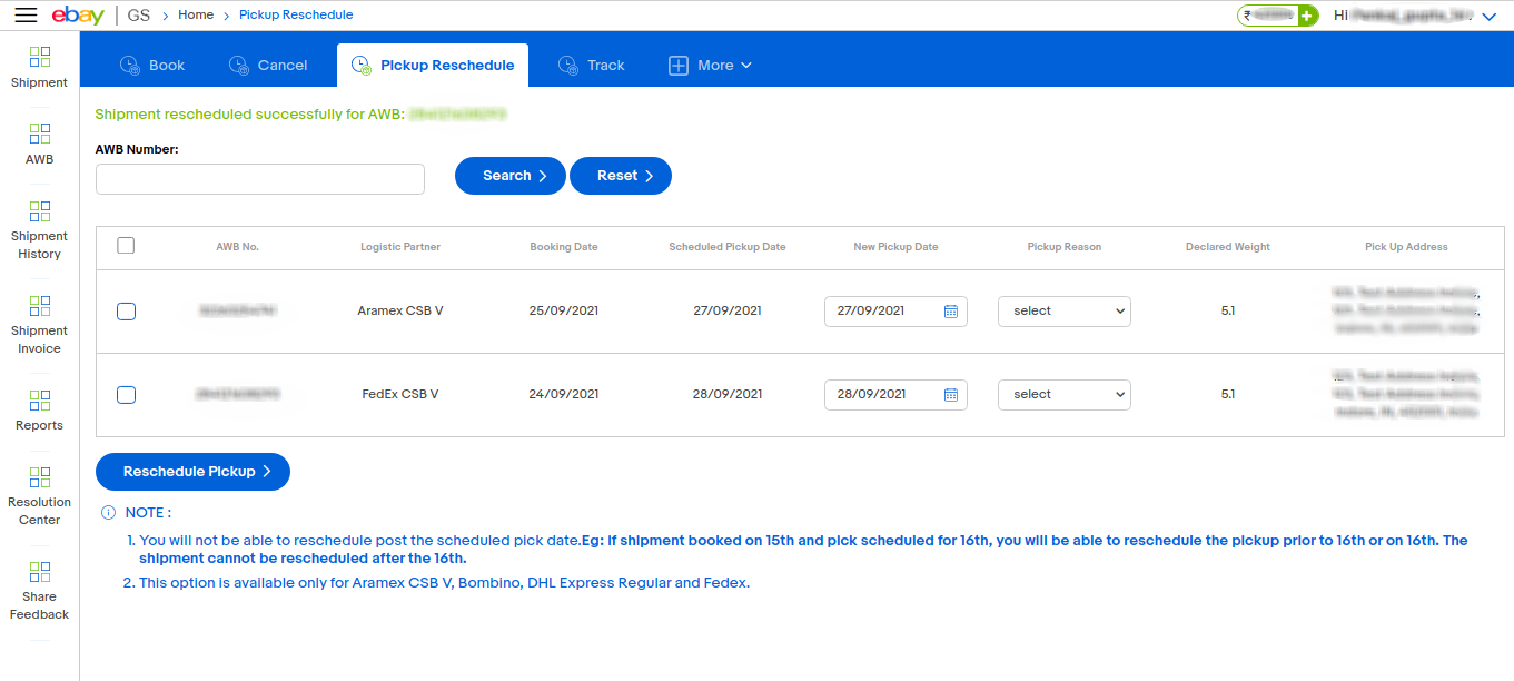 pickup reschedule process flow eBay Global Shipping